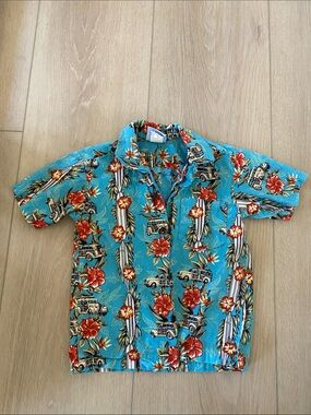 Kids Tropical Button-Down Shirt in Teal with Red Floral Print